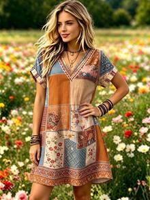 Selamara Boho Rustic Contrast Color Colorblock Floral Print Short Dress, V Neck Loose Short Sleeve Smock Dress, Outdoors Beach Vacation Plus Size Mini Dress - Multicolor - View 5