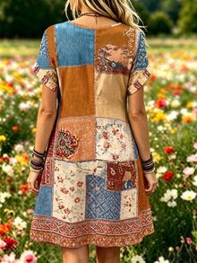 Selamara Boho Rustic Contrast Color Colorblock Floral Print Short Dress, V Neck Loose Short Sleeve Smock Dress, Outdoors Beach Vacation Plus Size Mini Dress - Multicolor - View 2