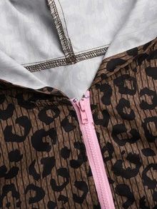 SHEIN Teen Girl Leopard Print & Striped Pattern Long Sleeve Zip-Up Casual Hoodie Jacket - Brown - View 8