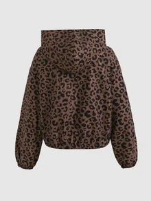 SHEIN Teen Girl Leopard Print & Striped Pattern Long Sleeve Zip-Up Casual Hoodie Jacket - Brown - View 4