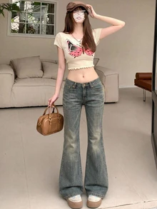 DAZY Women's Washed Vintage Korean Style Loose Flare Jeans Petite - Blue - View 5