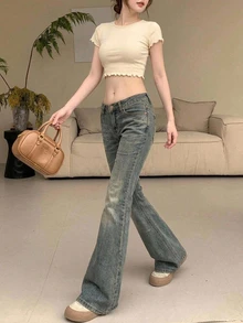 DAZY Women's Washed Vintage Korean Style Loose Flare Jeans Petite - Blue - View 2