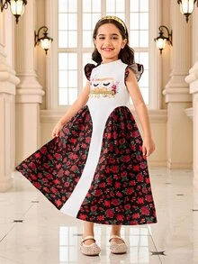 SHEIN 中东传统服饰 - 黑红花卉拼接露肩连衣裙，饰有3D眼妆装饰和流苏吊坠，节日庆典/优雅儿童家庭聚会服装 - 彩色 - 查看 4
