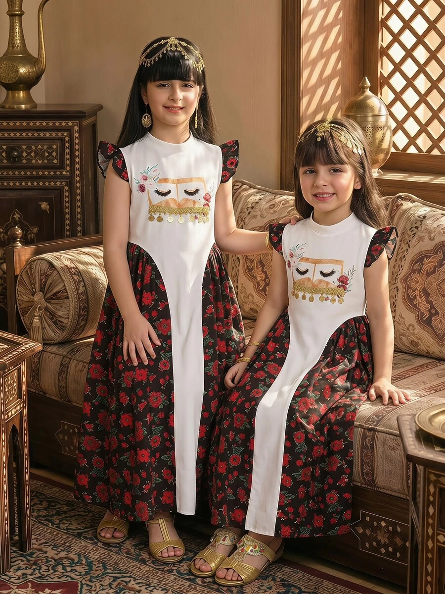 SHEIN 中东传统服饰 - 黑红花卉拼接露肩连衣裙,饰有3D眼妆装饰和流苏吊坠,节日庆典/优雅儿童家庭聚会服装 - 彩色 - 查看 1