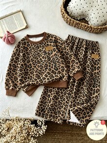 Girls' Brown Striped Crew Neck Sweatshirt And Wide Leg Pants Set, Classic English Print, Loose Drop Shoulder Fit, Khaki Leopard Print, Fall, Birthday - Multicolor - View 3