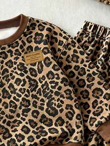 Girls' Brown Striped Crew Neck Sweatshirt And Wide Leg Pants Set, Classic English Print, Loose Drop Shoulder Fit, Khaki Leopard Print, Fall, Birthday - Multicolor - View 4