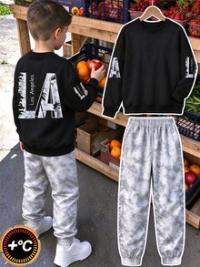 青少年男孩街頭風圖案時尚極簡落葉字母印花拼色秋冬連帽衛衣套裝 運動校園學生灰色 - 彩色 - 查看 3