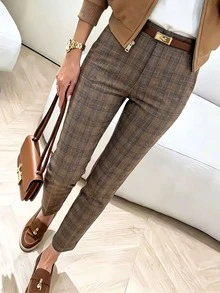 SHEIN LUNE Women's Slim Fit Plaid Pattern Casual Long Pants - Multicolor - View 1