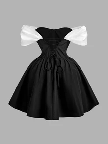 SHEIN MOD Plus Size Black Beaded Off-Shoulder Short Umbrella Dress, Party & Gathering Outfit, Casual Date Outfit, Autumn/Winter, All Season Wear Christmas - Black - View 2