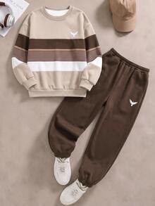 2Pcs Boys Sweatshirt Outfit Set, Striped Digital Print Long Sleeve Crew Neck Top + Green Sweatpants, Tween Boys Casual Comfortable Tracksuit, Autumn W - Multicolor - View 2