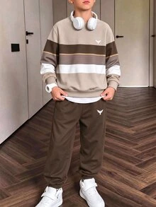 2Pcs Boys Sweatshirt Outfit Set, Striped Digital Print Long Sleeve Crew Neck Top + Green Sweatpants, Tween Boys Casual Comfortable Tracksuit, Autumn W - Multicolor - View 1