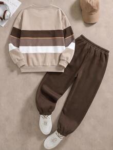 2Pcs Boys Sweatshirt Outfit Set, Striped Digital Print Long Sleeve Crew Neck Top + Green Sweatpants, Tween Boys Casual Comfortable Tracksuit, Autumn W - Multicolor - View 3