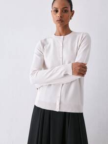 YARNWELL 女款素色單排扣休閒百搭日常開襟衫 - 米色 - 查看 3
