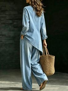 Linhara Asymmetrical Hemline Bowknot Strap Blue Long Sleeve Top And ...
