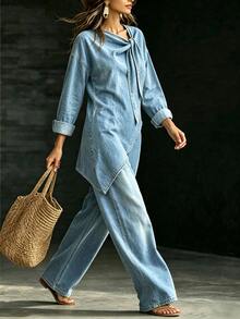 Linhara Asymmetrical Hemline Bowknot Strap Blue Long Sleeve Top And Wide Leg Pants 2 Pieces Set, Light Blue Loose Vacation Style Women's Plus Size Outfit - Multicolor - View 4