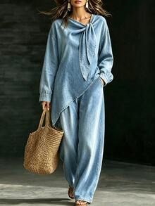 Linhara Asymmetrical Hemline Bowknot Strap Blue Long Sleeve Top And Wide Leg Pants 2 Pieces Set, Light Blue Loose Vacation Style Women's Plus Size Outfit - Multicolor - View 5