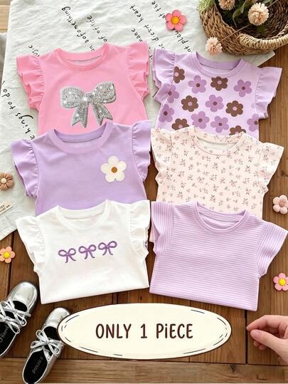 SHEIN Only 1 Pc Baby Girl Sweet Cute Fruit Floral Heart Pattern Printed Flutter Sleeve Top, Suitable For Summer Casual Minimalist Daily Wear