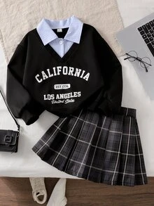 SHEIN Tween Girls Fall Outfits Fall Tops 2pcs/Set Black And White 2 In 1 Collared Top & Striped Plaid A-Line Mini Skirt Set - Black - View 6