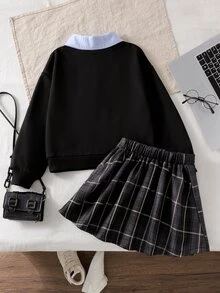 SHEIN Tween Girls Fall Outfits Fall Tops 2pcs/Set Black And White 2 In 1 Collared Top & Striped Plaid A-Line Mini Skirt Set - Black - View 5