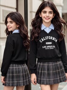 SHEIN Tween Girls Fall Outfits Fall Tops 2pcs/Set Black And White 2 In 1 Collared Top & Striped Plaid A-Line Mini Skirt Set - Black - View 3
