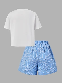 SHEIN Tween Girls 2pcs/Set 3D Big Bow Round Neck Short Sleeve T-Shirt Jacquard Asymmetrical Skort Birthday Party Vacation Airport Trip Off-White Summer Cute - Multicolor - View 5