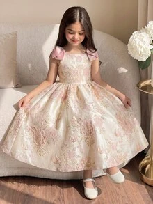SHEIN 花童高档纹理面料蝴蝶结露肩A字短裙，适合婚礼、舞会、生日派对、宴会等场合。 - 紫色 - 查看 2