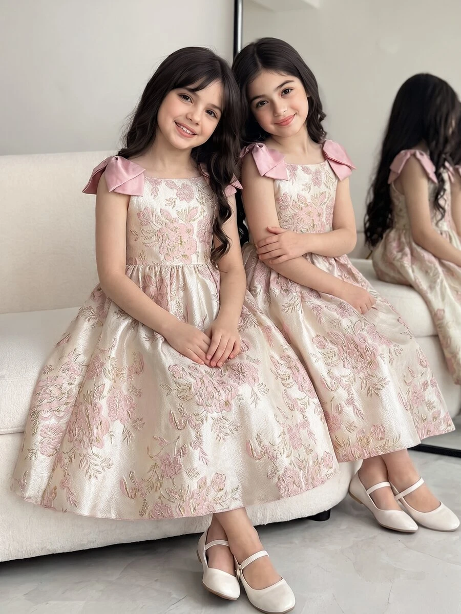 SHEIN 花童高档纹理面料蝴蝶结露肩A字短裙,适合婚礼、舞会、生日派对、宴会等场合。 - 紫色 - 查看 1