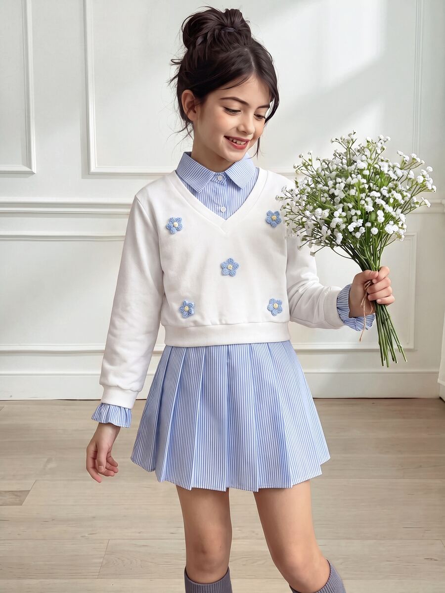 SHEIN 青少年女孩運動衫套裝,白色,連帽衫 + 慢跑褲 2件套,寬鬆版型,秋季保暖,時尚百搭,休閒可愛 80年代風,圓領,印花 - 白色 - 查看 1