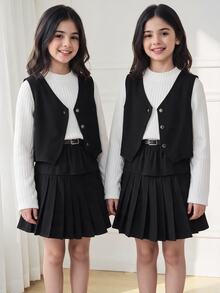 SHEIN Tween Girls 3pcs Set: Sleeveless Button Vest, High Neck Wide Ribbed Long Sleeve T-Shirt, Black Pleated Skirt With Belt, Thermal Lined Thickened, Autumn/Winter - Black - View 1