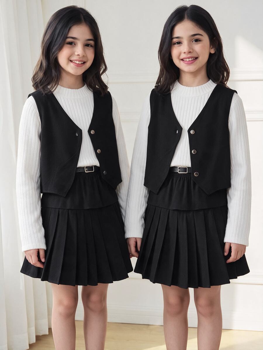 SHEIN Tween Girls 3pcs Set: Sleeveless Button Vest, High Neck Wide Ribbed Long Sleeve T-Shirt, Black Pleated Skirt With Belt, Thermal Lined Thickened, Autumn/Winter - Black - View 1