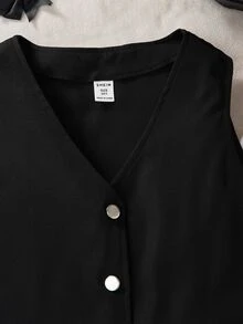 SHEIN Tween Girls 3pcs Set: Sleeveless Button Vest, High Neck Wide Ribbed Long Sleeve T-Shirt, Black Pleated Skirt With Belt, Thermal Lined Thickened, Autumn/Winter - Black - View 6