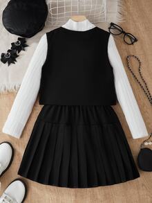 SHEIN Tween Girls 3pcs Set: Sleeveless Button Vest, High Neck Wide Ribbed Long Sleeve T-Shirt, Black Pleated Skirt With Belt, Thermal Lined Thickened, Autumn/Winter - Black - View 4