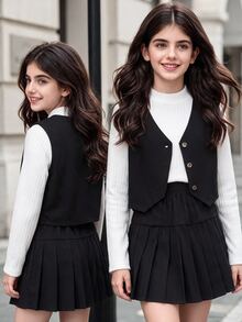 SHEIN Tween Girls 3pcs Set: Sleeveless Button Vest, High Neck Wide Ribbed Long Sleeve T-Shirt, Black Pleated Skirt With Belt, Thermal Lined Thickened, Autumn/Winter - Black - View 2