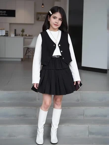 SHEIN Tween Girls 3pcs Set: Sleeveless Button Vest, High Neck Wide Ribbed Long Sleeve T-Shirt, Black Pleated Skirt With Belt, Thermal Lined Thickened, Autumn/Winter - Black - View 3