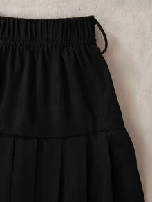SHEIN Tween Girls 3pcs Set: Sleeveless Button Vest, High Neck Wide Ribbed Long Sleeve T-Shirt, Black Pleated Skirt With Belt, Thermal Lined Thickened, Autumn/Winter - Black - View 10