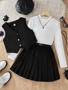 SHEIN Tween Girls 3pcs Set: Sleeveless Button Vest, High Neck Wide Ribbed Long Sleeve T-Shirt, Black Pleated Skirt With Belt, Thermal Lined Thickened, Autumn/Winter - Black - View 7