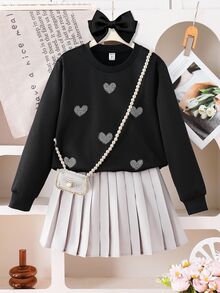 SHEIN 2pcs/Set Tween Girl Sparkly Heart Patch Sweatshirt Paired With Gray Pleated Mini Skirt, Casual Outfit Set For Autumn & Winter - Multicolor - View 9