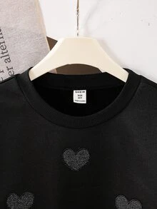 SHEIN 2pcs/Set Tween Girl Sparkly Heart Patch Sweatshirt Paired With Gray Pleated Mini Skirt, Casual Outfit Set For Autumn & Winter - Multicolor - View 4