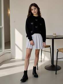SHEIN 2pcs/Set Tween Girl Sparkly Heart Patch Sweatshirt Paired With Gray Pleated Mini Skirt, Casual Outfit Set For Autumn & Winter - Multicolor - View 1