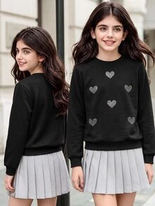 SHEIN 2pcs/Set Tween Girl Sparkly Heart Patch Sweatshirt Paired With Gray Pleated Mini Skirt, Casual Outfit Set For Autumn & Winter - Multicolor - View 3