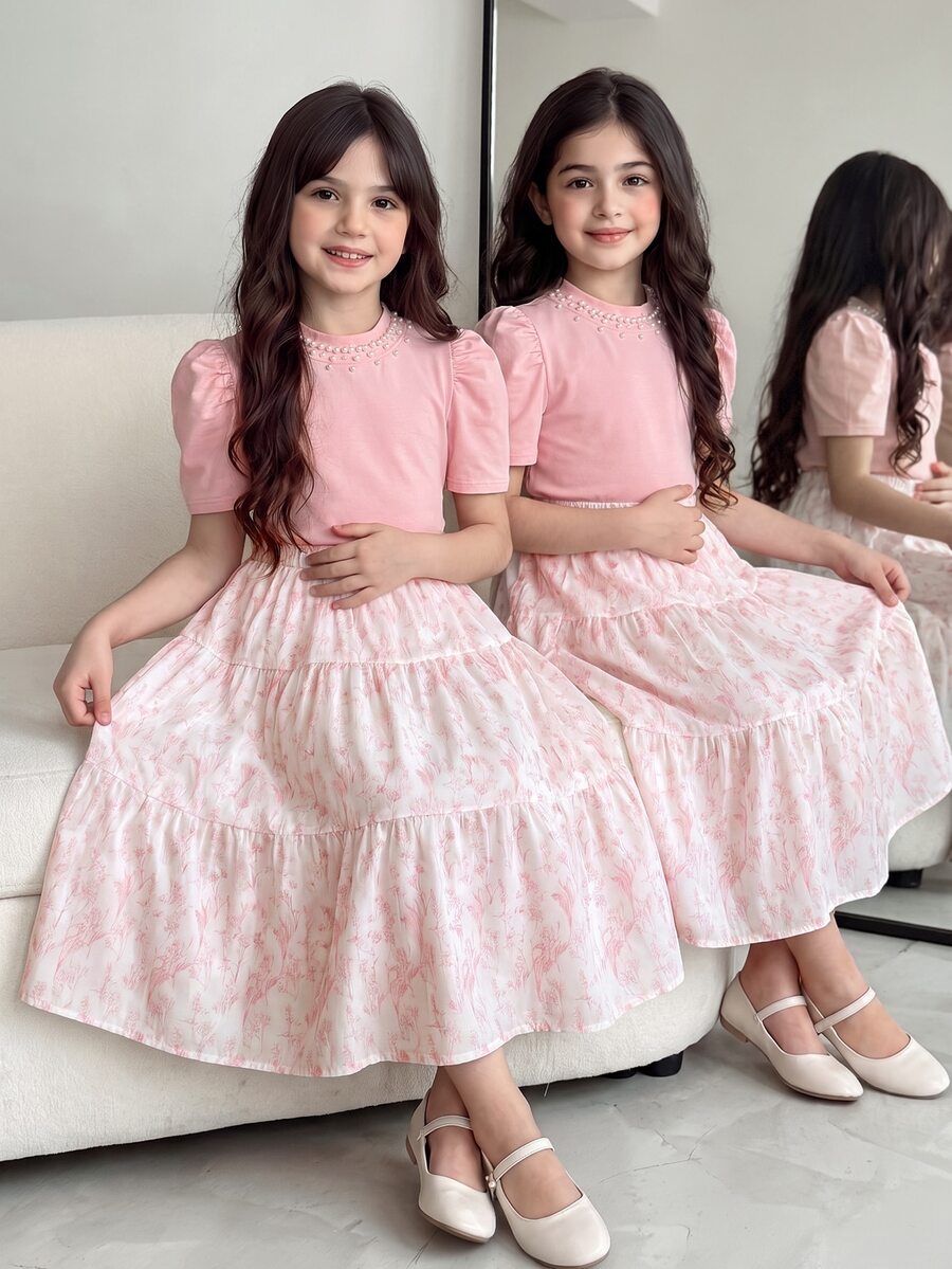 SHEIN Tween Girl 2pcs/Set Short Sleeve Round Neck Elegant Cute Katseye Pearl Decor T-Shirt Floral Print Mini Skirt, Pastel Pink, Summer Holiday Dusty Pink
