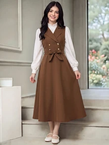 SHEIN 青少年女孩秋季套裝 2件/套 純色極簡街頭風可愛休閒襯衫套裝 返校季 白色 秋季派對 正式 生日 棕色 - 咖啡棕 - 查看 3