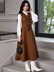 SHEIN 青少年女孩秋季套裝 2件/套 純色極簡街頭風可愛休閒襯衫套裝 返校季 白色 秋季派對 正式 生日 棕色 - 咖啡棕 - 查看 4