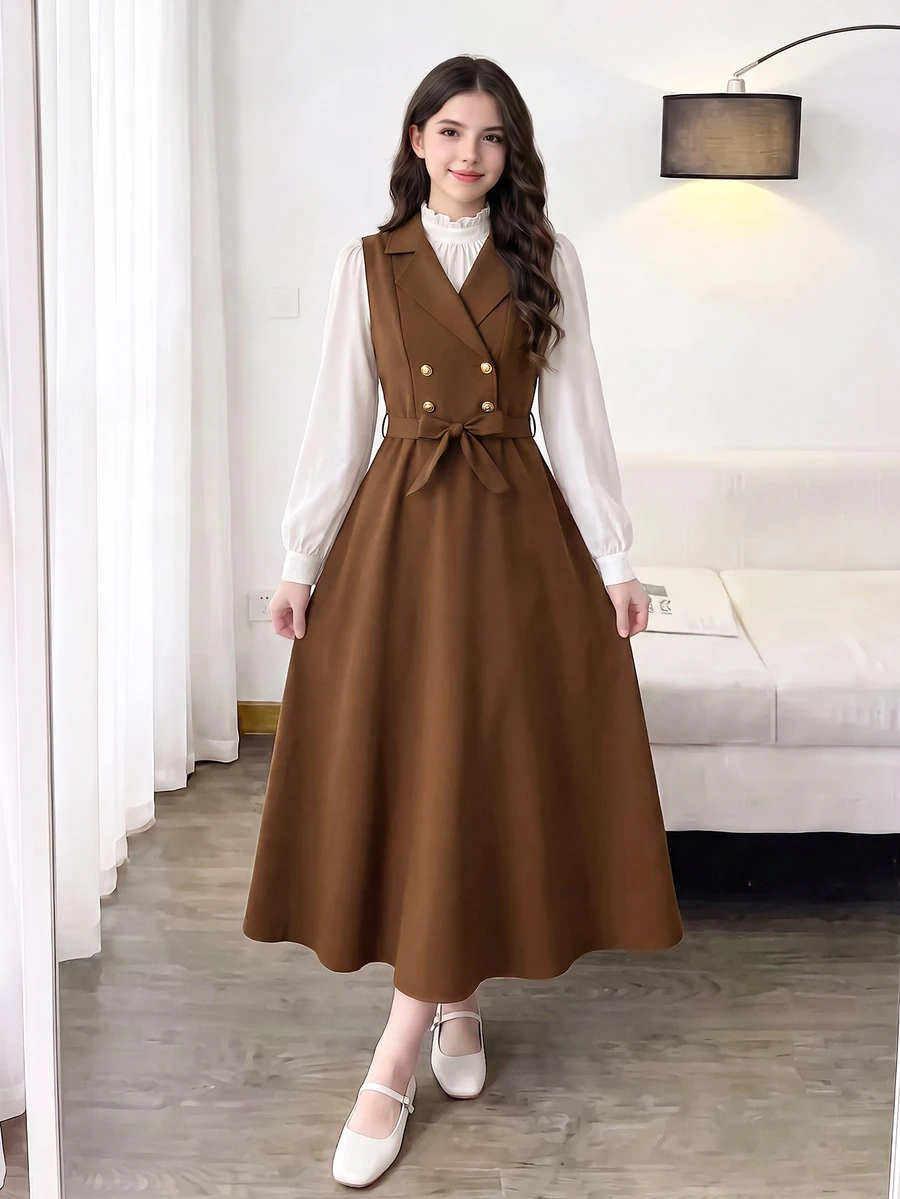 SHEIN 青少年女孩秋季套裝 2件/套 純色極簡街頭風可愛休閒襯衫套裝 返校季 白色 秋季派對 正式 生日 棕色