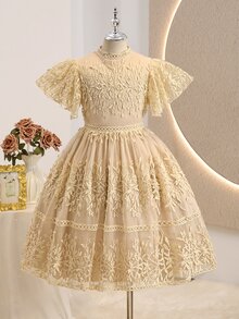 SHEIN Tween Girls' Elegant Lace Party Birthday Princess Mini Dress, Graduation, Outfit - Gold - View 6