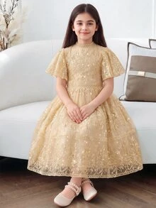 SHEIN Tween Girls' Elegant Lace Party Birthday Princess Mini Dress, Graduation, Outfit - Gold - View 2