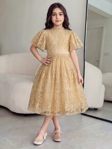 SHEIN Tween Girls' Elegant Lace Party Birthday Princess Mini Dress, Graduation, Outfit - Gold - View 3