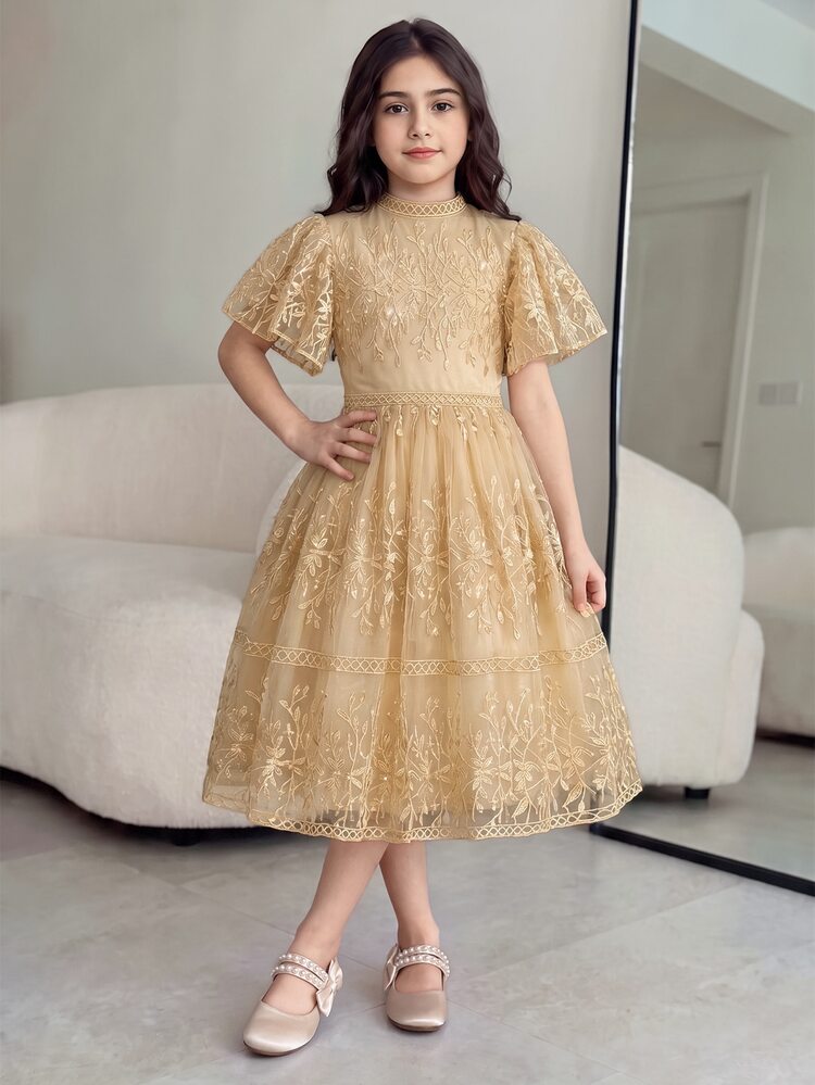 SHEIN Tween Girls' Elegant Lace Party Birthday Princess Mini Dress, Graduation, Outfit - Gold - View 2