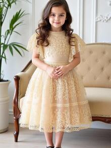 SHEIN Tween Girls' Elegant Lace Party Birthday Princess Mini Dress, Graduation, Outfit - Gold - View 4