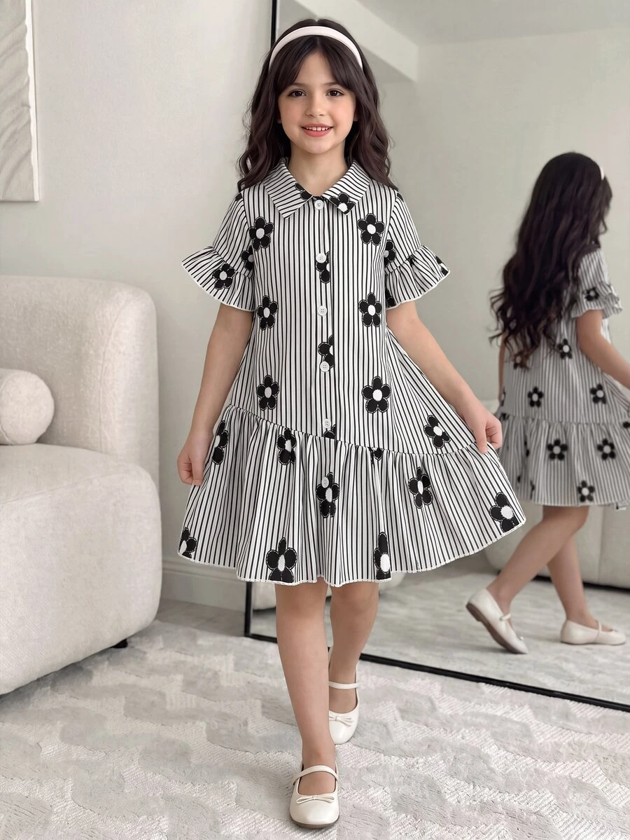 SHEIN 女童幼兒洋裝復古公主仙女風黑白條紋花卉印花短袖前扣小領夏季7歲生日禮物